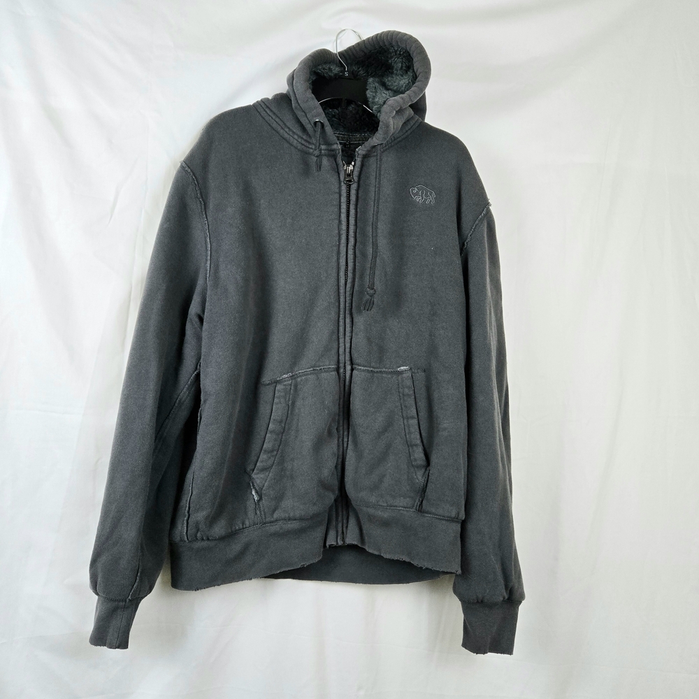 Buffalo David Bitton Men's Gray Faux Fur Lined Distressed Y2K Hoodie Sweater XL